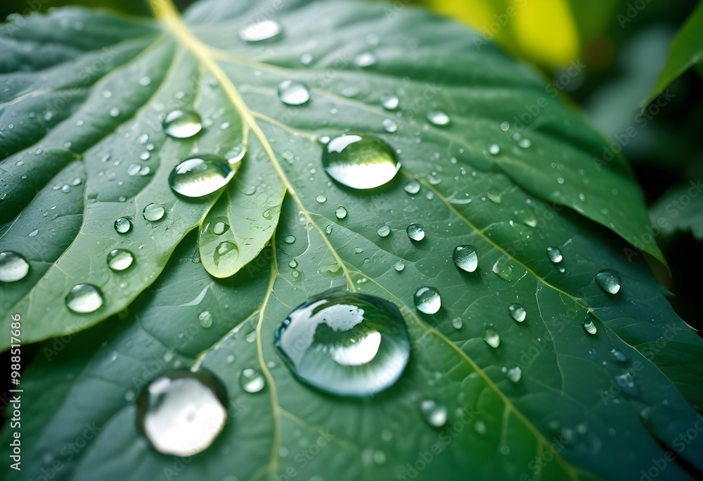 Fototapeta premium A close-up of water droplets on a green leaf, with a blurred yellow and green background
