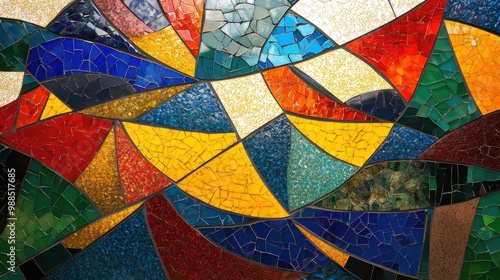 An abstract, colorful glass mosaic design featuring radiant hues and a geometric arrangement for modern decor.