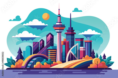 A vibrant depiction of Toronto's skyline showcases unique architecture surrounded by greenery and colorful elements under a bright blue sky.
