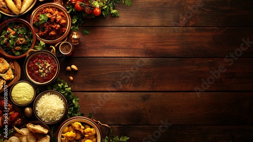 Wallpaper Mural Indian Food, Curry, Naan Bread, Rice, and Vegetables on a Rustic Wooden Table. Torontodigital.ca