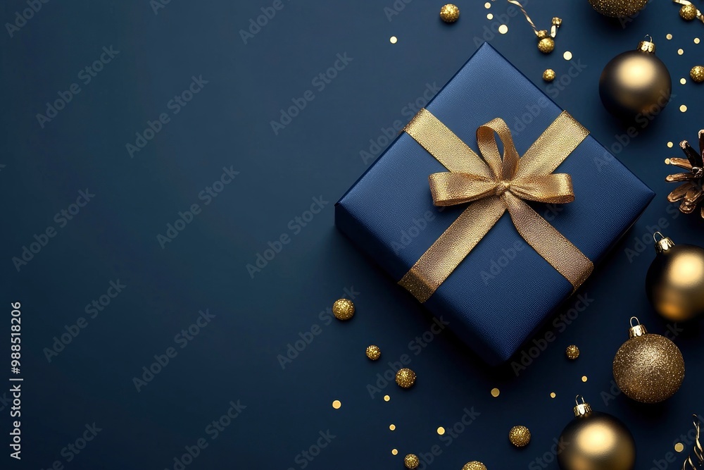 Chic navy Christmas gift box on a classic blue background with gold baubles. Elegant holiday card concept. Festive and stylish with generative ai Chic navy Christmas gift box on a classic blue background with gold baubles. Elegant holiday card concept. Festive and stylish with generative ai