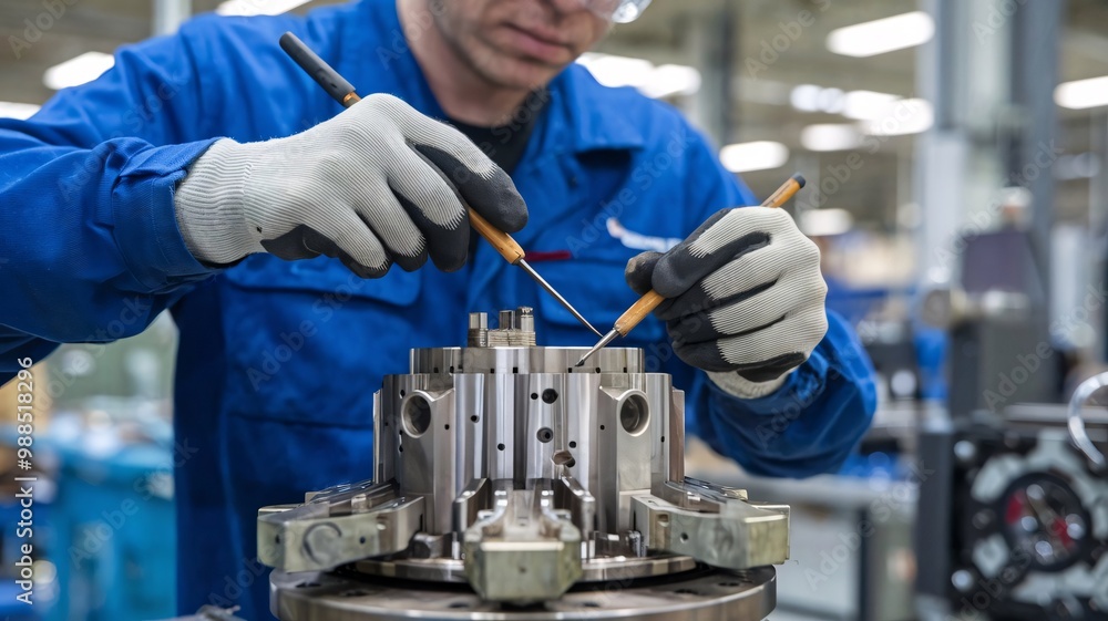 A factory worker wearing protective gloves, closely examining a machine component with precision tools. The background shows blurred industrial equipment A factory worker wearing protective gloves, closely examining a machine component with precision tools. The background shows blurred industrial equipment