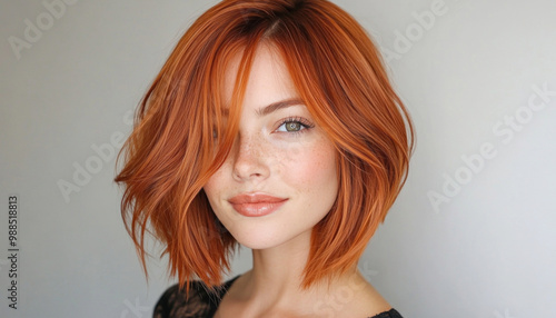 Beautiful woman with vibrant red hair posing on gray background