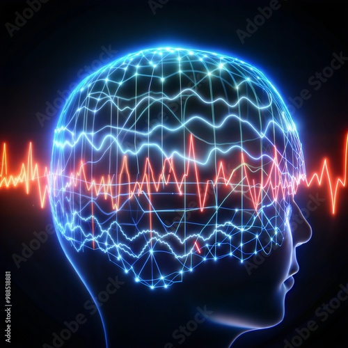 Abstract representation of brain activity with neural waves and heartbeat lines, neurotraining concept
