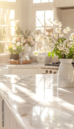 White marble kitchen counter in the Elegant White Kitchen Countertop Ideas: Featuring Potted Plants for a Fresh Look