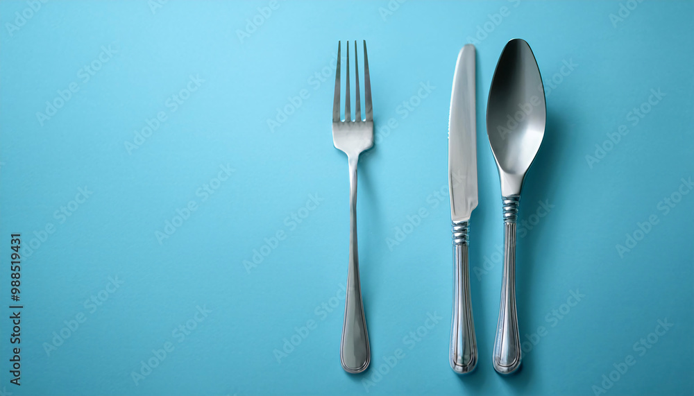 Fork and Knife on a Pastel Blue Background Fork and Knife on a Pastel Blue Background