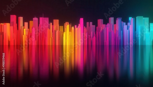 A vibrant city skyline reflected in water, showcasing colorful vertical bars in hues of pink, orange, and blue against a dark background.