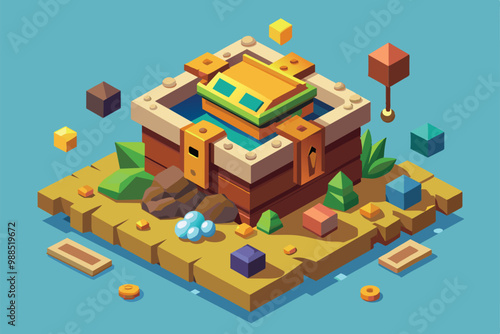 A vibrant treasure chest surrounded by colorful blocks and plants invites explorers to uncover its secrets on a sunny island.