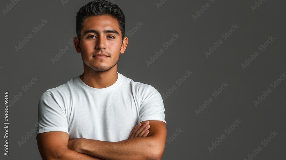 Young hispanic man folding arms and posing on grey background Young hispanic man folding arms and posing on grey background