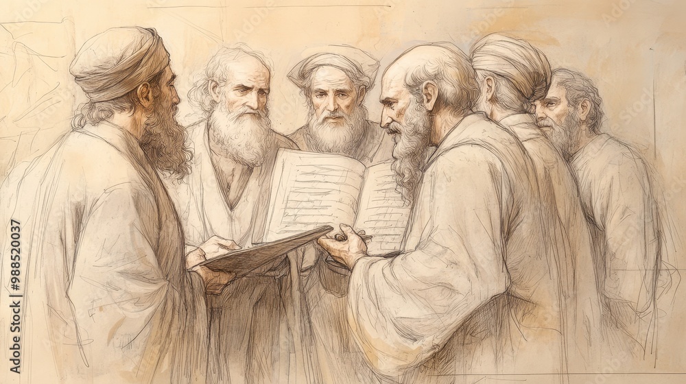Fototapeta premium Gathering for Confession: A Biblical Illustration of Men Gathered Around Ezra, Discussing and Recording Their Confessions and Separation Decisions