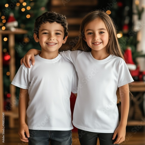 Boy and girl models in blank white shirts for matching design. Two kids Christmas shirt mock up. Double t-shirt mockup. Group of kids, winter holiday decorated home interior. Brother, sister photo