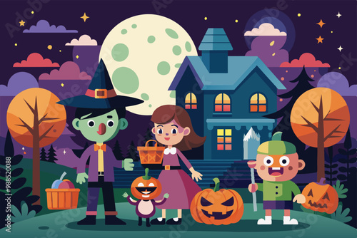 Children dressed in Halloween costumes gather at a spooky house for trick or treating, surrounded by carved pumpkins and autumn trees under a full moon.