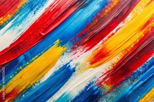 Swirling swaths of blue, red, and yellow paintbrush strokes riotously inhabit a square white space, a dynamic tapestry photo