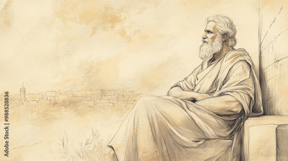 Fototapeta premium Mordecai’s Legacy: An Elder Statesman Reflects on His Journey and Leadership as He Observes the Flourishing City of Susa - Biblical Illustration