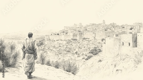 Ruins of Jerusalem: A Biblical Illustration of Nehemiah Arriving and Contemplating the Rebuilding of the City From a Hilltop