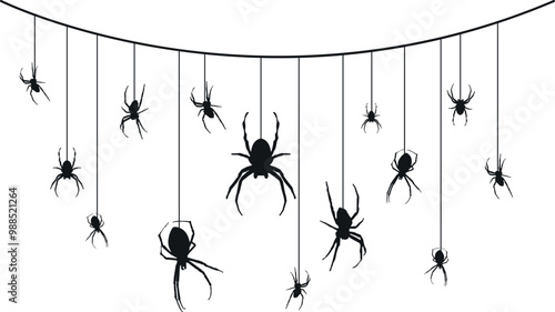 halloween spiders on web isolated on transparent background. vector spooky black spiders silhouette. spider garland wall hanging. spider horror decoration