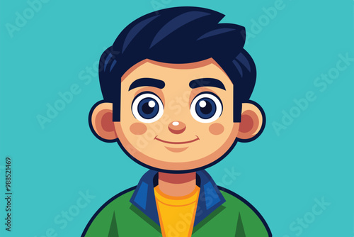 A young boy with dark hair smiles warmly, wearing a green jacket over a yellow shirt, set against a vibrant blue backdrop.