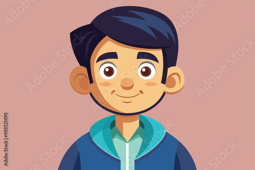 A cheerful young boy with dark hair smiles brightly, dressed in a casual hoodie, showcasing his friendly and approachable personality.