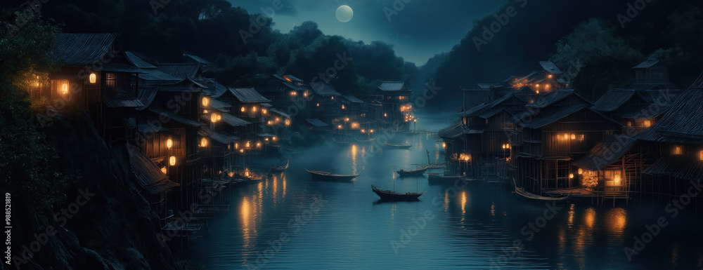 Obraz premium Serene river village at night, illuminated by warm lights, reflecting tranquility under a full moon.