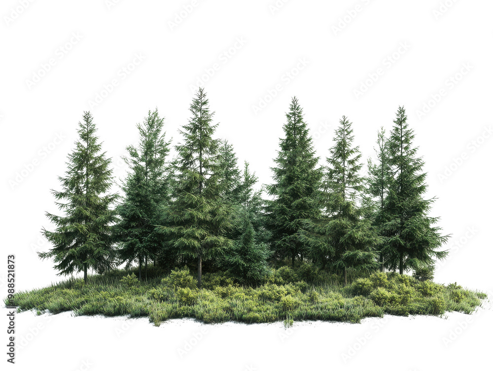 Fototapeta premium Group of evergreen trees, white isolated background