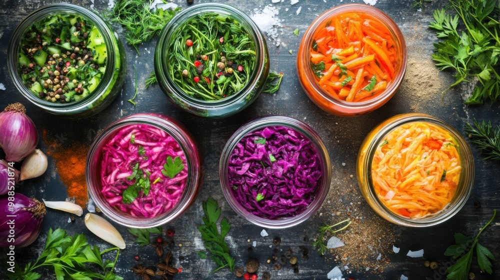 Vibrant Fermented Vegetables in Colorful Jars with Fresh Herbs and Spices Flat Lay Vibrant Fermented Vegetables in Colorful Jars with Fresh Herbs and Spices Flat Lay