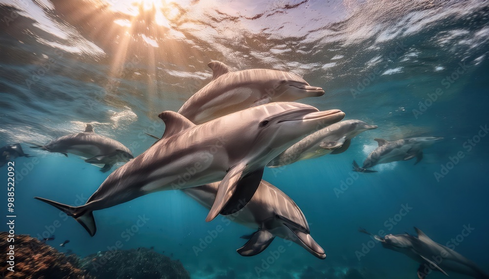 Naklejka premium A pod of long-beaked common dolphins swim through 