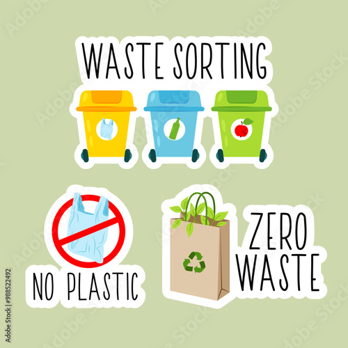 Waste sorting. Eco package. Eco-friendly illustration with recycling bins, no plastic, paper bag. Set of eco-friendly stickers. Environmental protection illustrations.