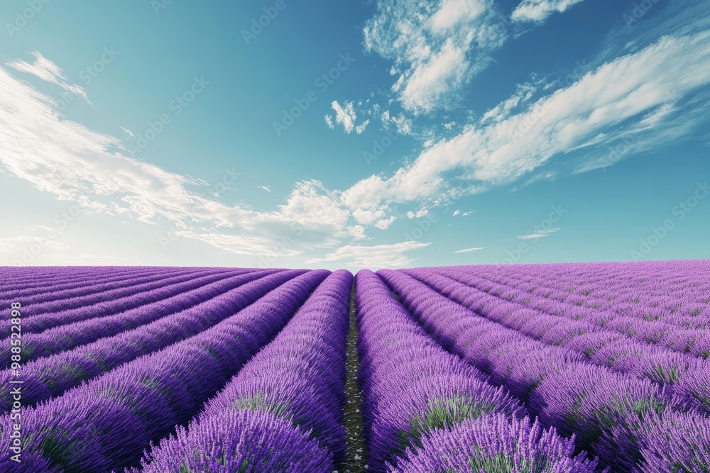 A lavender field in Provence, France, with rows of purple flowers stretching to the horizon under a bright blue sky, creating a serene and peaceful atmosphere A lavender field in Provence, France, with rows of purple flowers stretching to the horizon under a bright blue sky, creating a serene and peaceful atmosphere