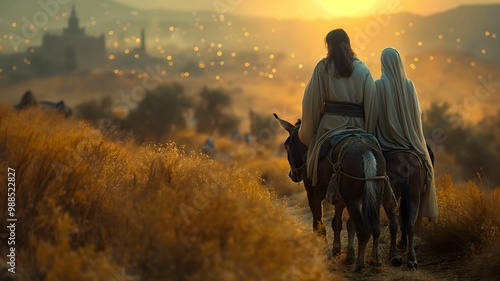 Joseph's Exile to Egypt with Mary and Baby Jesus, Bible Illustration photo