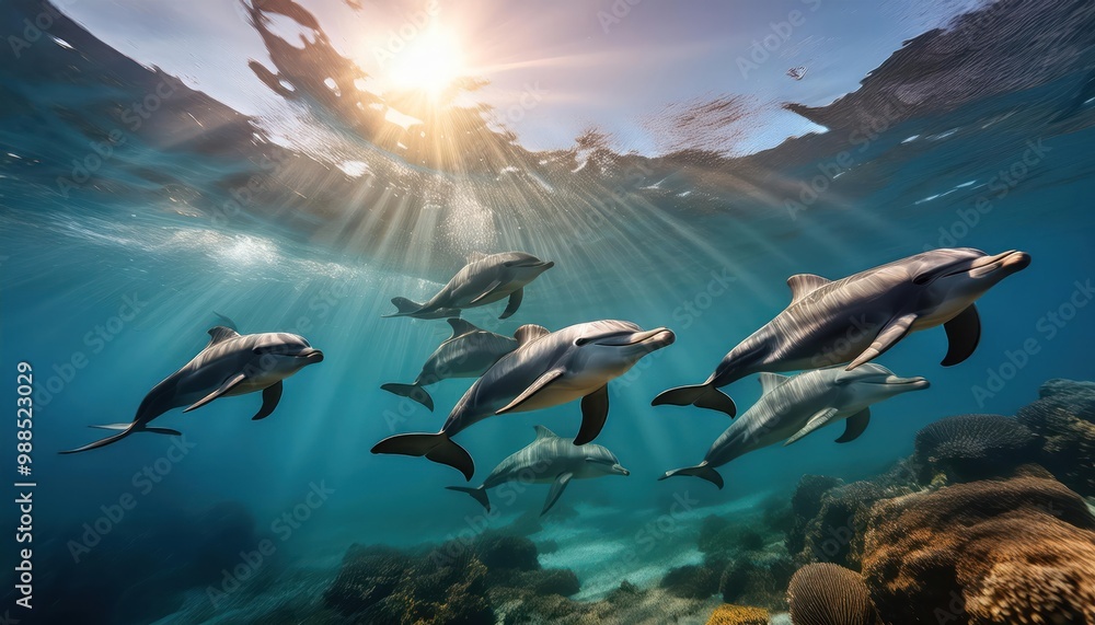 Fototapeta premium A pod of long-beaked common dolphins swim through