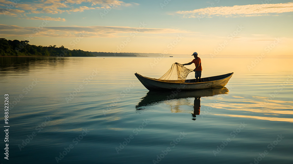 A fisherman casts a net from a small boat in calm waters during sunrise, surrounded by a tranquil landscape reflecting golden hues A fisherman casts a net from a small boat in calm waters during sunrise, surrounded by a tranquil landscape reflecting golden hues