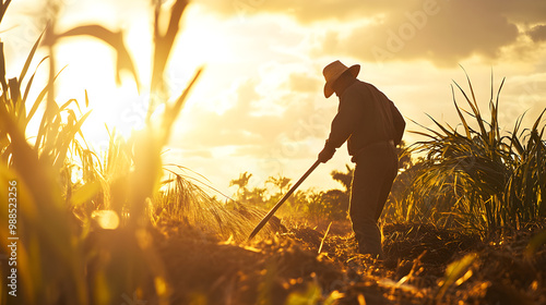 A brazilian sugarcane worker cuts stalks at sunset, silhouetted against a golden glow with lush green sugarcane plants surrounding him