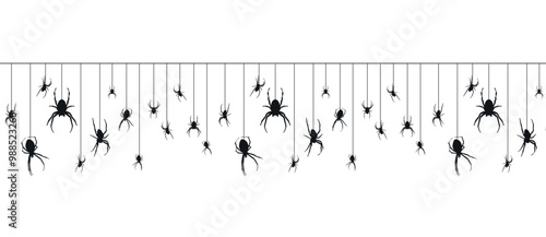 halloween seamless border with spiders on the web. spooky scary vector spider silhouette decoration. horror spiders garland isolated on transparent background