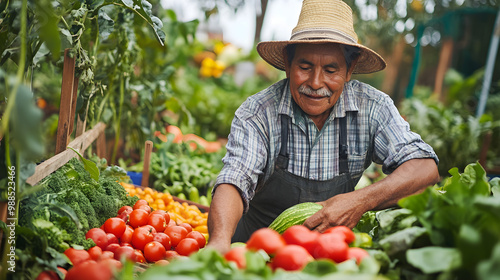 A farmer in a straw hat selects fresh vegetables and fruits in a vibrant market, showcasing a bountiful harvest with a serene smile