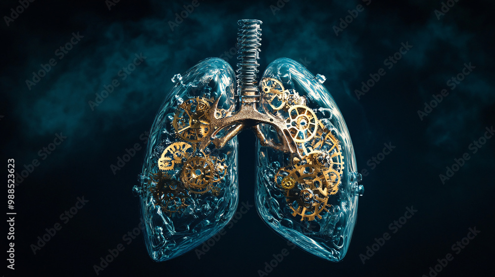Fototapeta premium Lungs. Human lungs as clockwork mechanisms. Dark backdrop. Time and respiration. Ethical issues in bio-clock augmentation. 