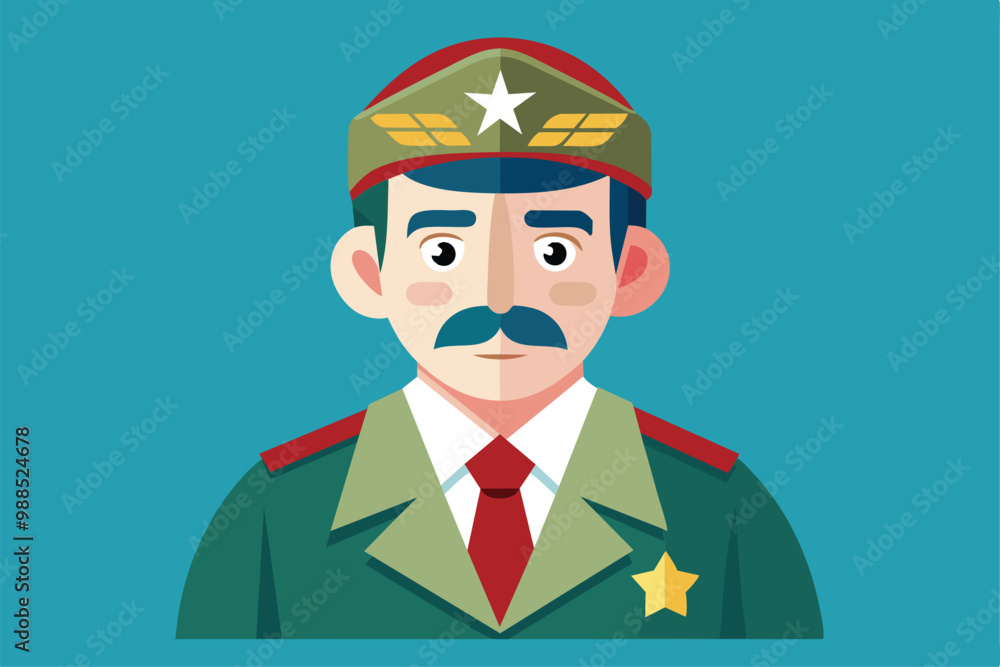 A veteran dressed in a green military uniform with a hat, portraying a serious expression, set against a vibrant blue backdrop. A veteran dressed in a green military uniform with a hat, portraying a serious expression, set against a vibrant blue backdrop.