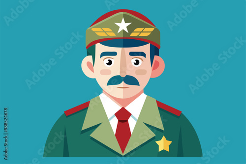 A veteran dressed in a green military uniform with a hat, portraying a serious expression, set against a vibrant blue backdrop.