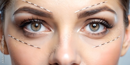 Blepharoplasty Close-up of a woman's eye with arrows indicating planned tightening and lifting of the skin around the eyes. photo