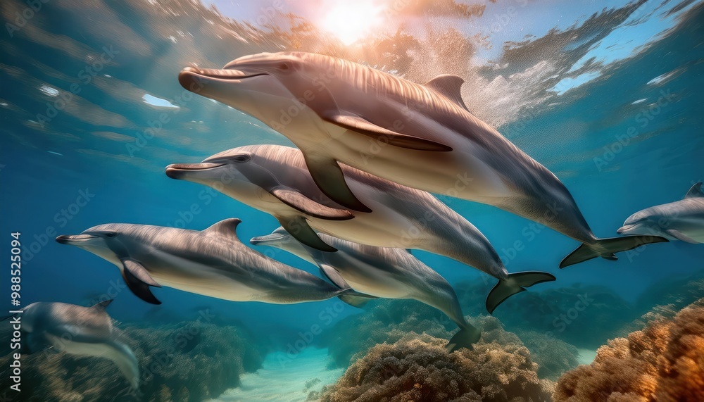 Fototapeta premium A pod of long-beaked common dolphins swim through 