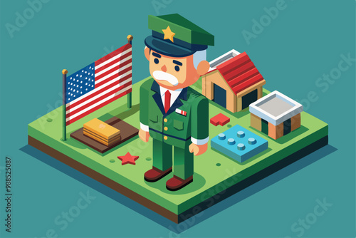 Veteran standing proudly on a green terrain beside an American flag, small buildings, and various objects representing community and service.