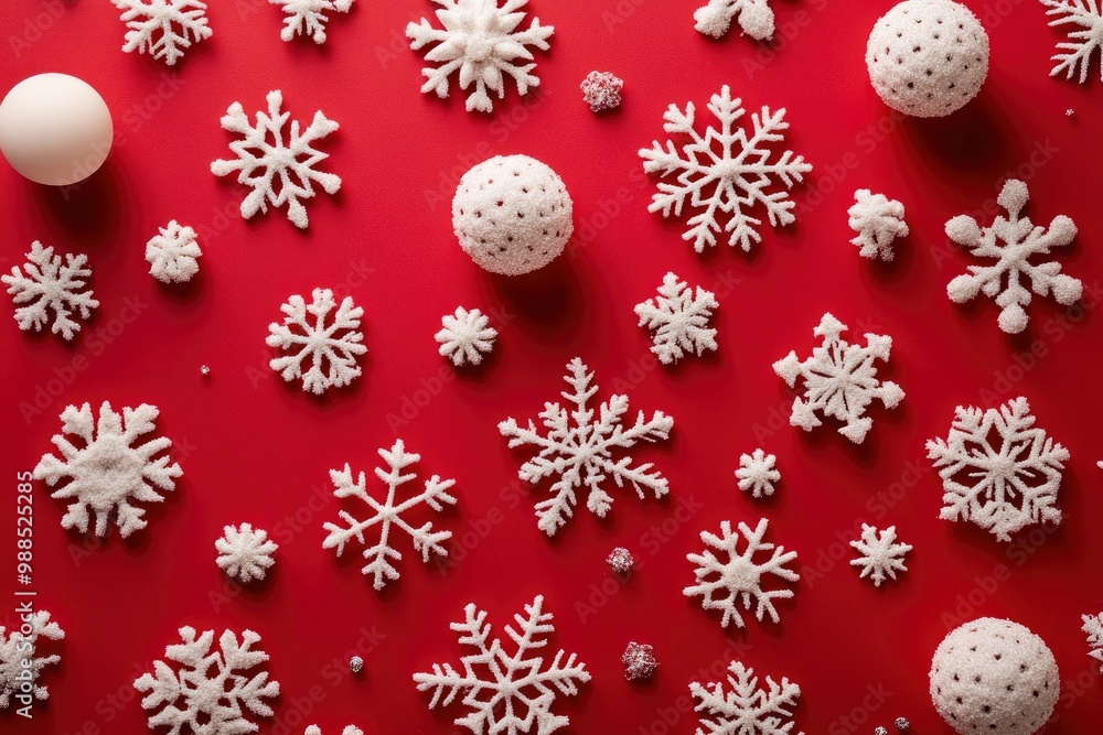 Christmas and new year background concept. Top view of Christmas decoration made from snowflake, christmas ball on red background with generative ai Christmas and new year background concept. Top view of Christmas decoration made from snowflake, christmas ball on red background with generative ai