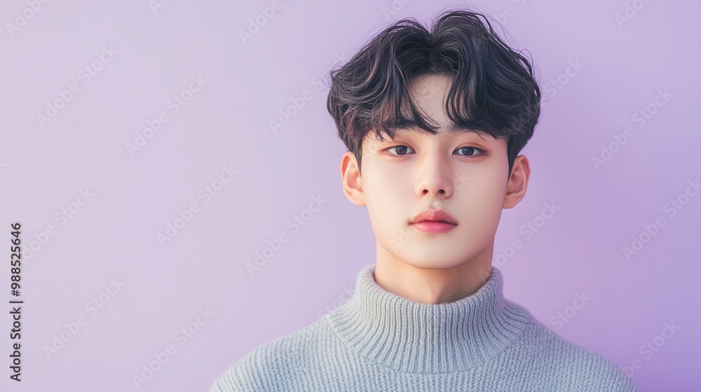 Korean man posing with neutral expression on purple background Korean man posing with neutral expression on purple background