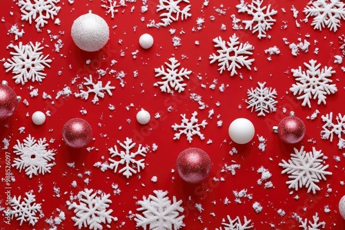 Christmas and new year background concept. Top view of Christmas decoration made from snowflake, christmas ball on red background with generative ai