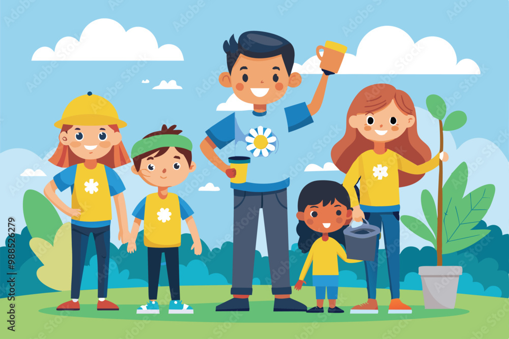 A cheerful group of volunteers showcases teamwork while planting trees and cleaning up the environment under a bright blue sky. A cheerful group of volunteers showcases teamwork while planting trees and cleaning up the environment under a bright blue sky.