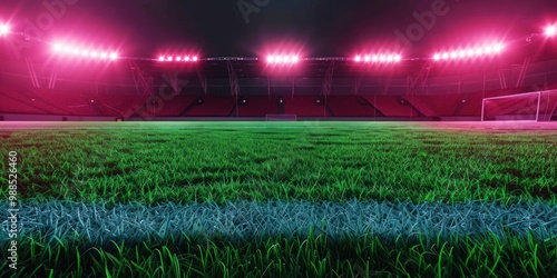 Stadium under rose floodlights, highlighting the textures and colors of the grass