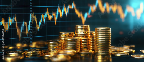 Stacked coins and a background graph depicting financial growth, representing investment and wealth accumulation. photo