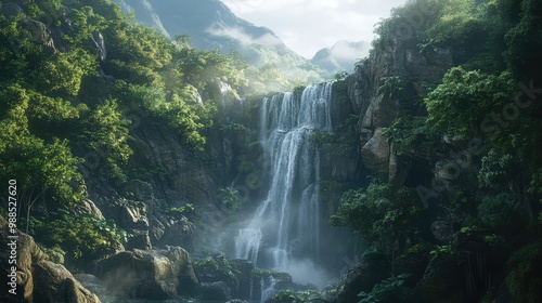 A hidden waterfall cascading down a rocky cliff, surrounded by dense jungle vegetation and mist rising from the water below.