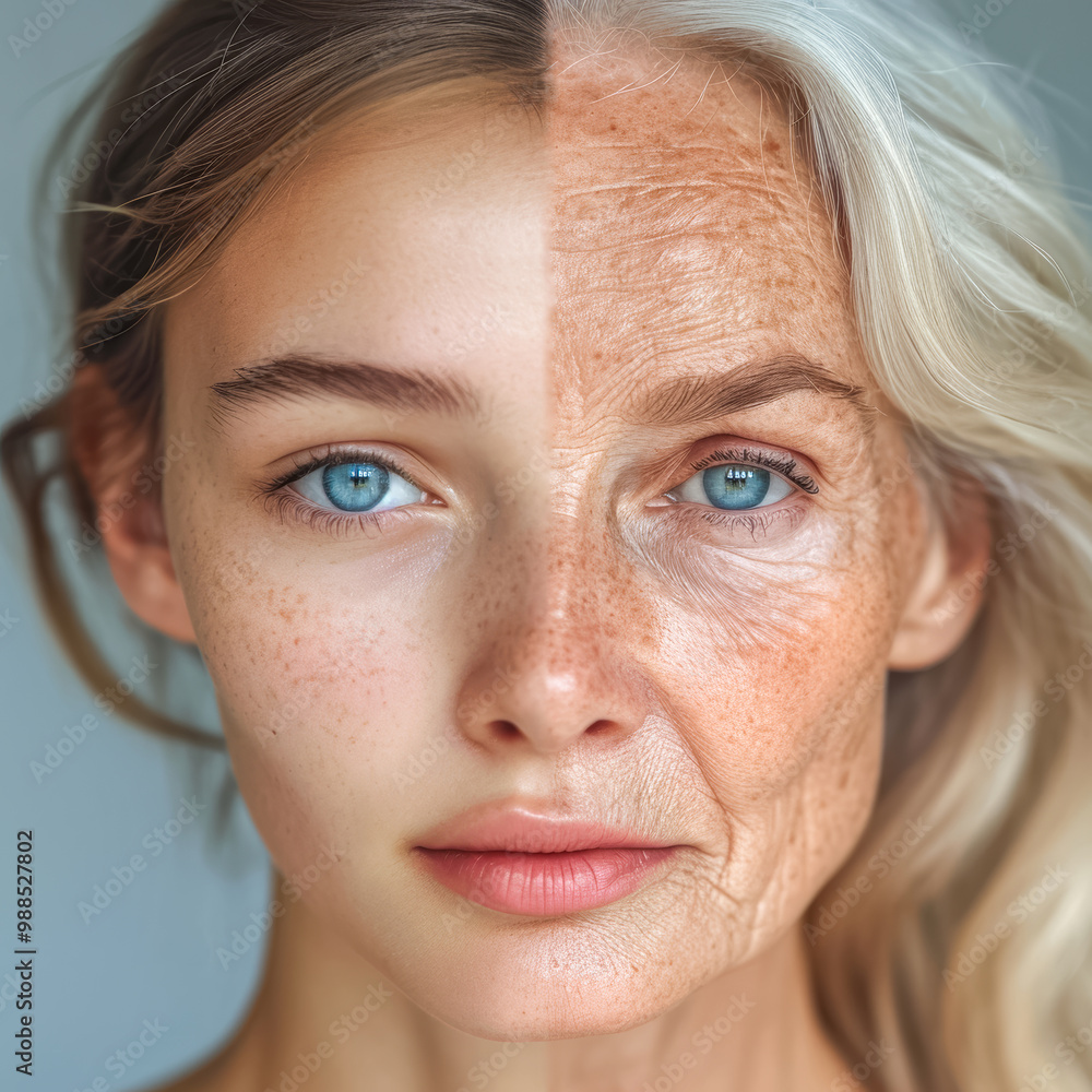 Weibliches Gesicht in zwei Hälften geteilt - eine Hälfte zeigt die junge Frau und die andere Hälfte die gealterte Frau als Seniorin. Jung und Alter, Anti-Aging-Konzept, Generative AI