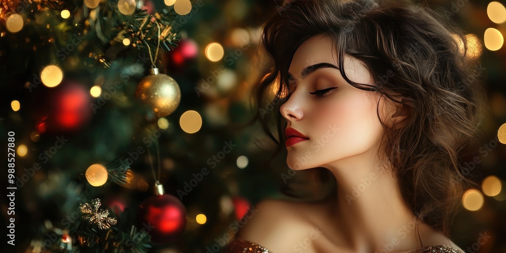 Beautiful female with Christmas tree background Beautiful female with Christmas tree background