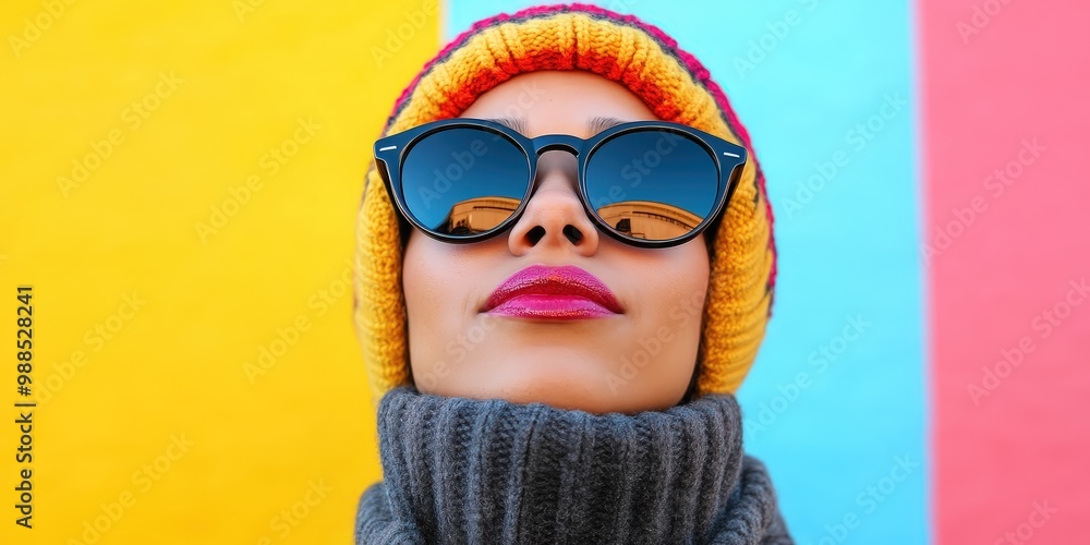 A person wearing sunglasses and a colorful hat in front of a colorful background. A person wearing sunglasses and a colorful hat in front of a colorful background.
